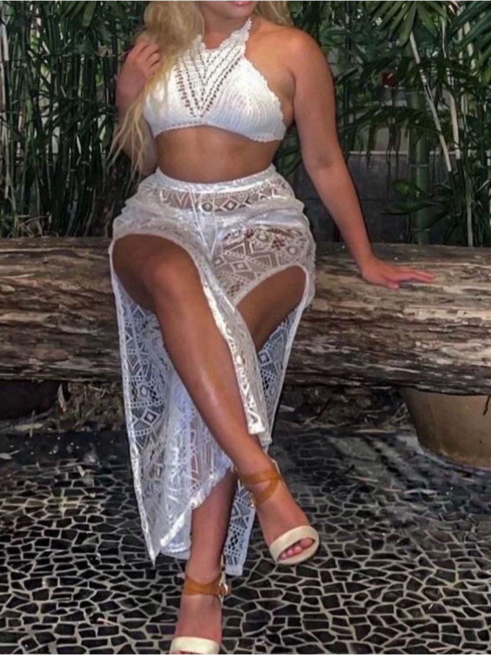White Lace High-Low Maxi Skirt with Side Slits size (S/M)